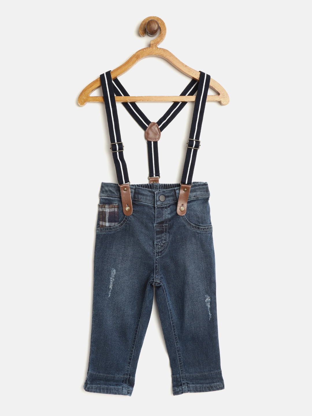 

Gini and Jony Boys Navy Regular Fit Mid-Rise Low Distress Stretchable Jeans & Suspenders, Navy blue