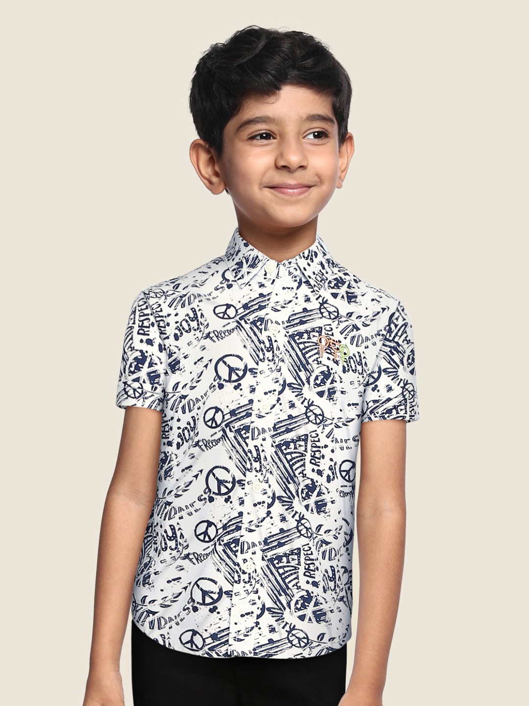 

Gini and Jony Boys White & Navy Blue Peace Print Regular Fit Casual Shirt
