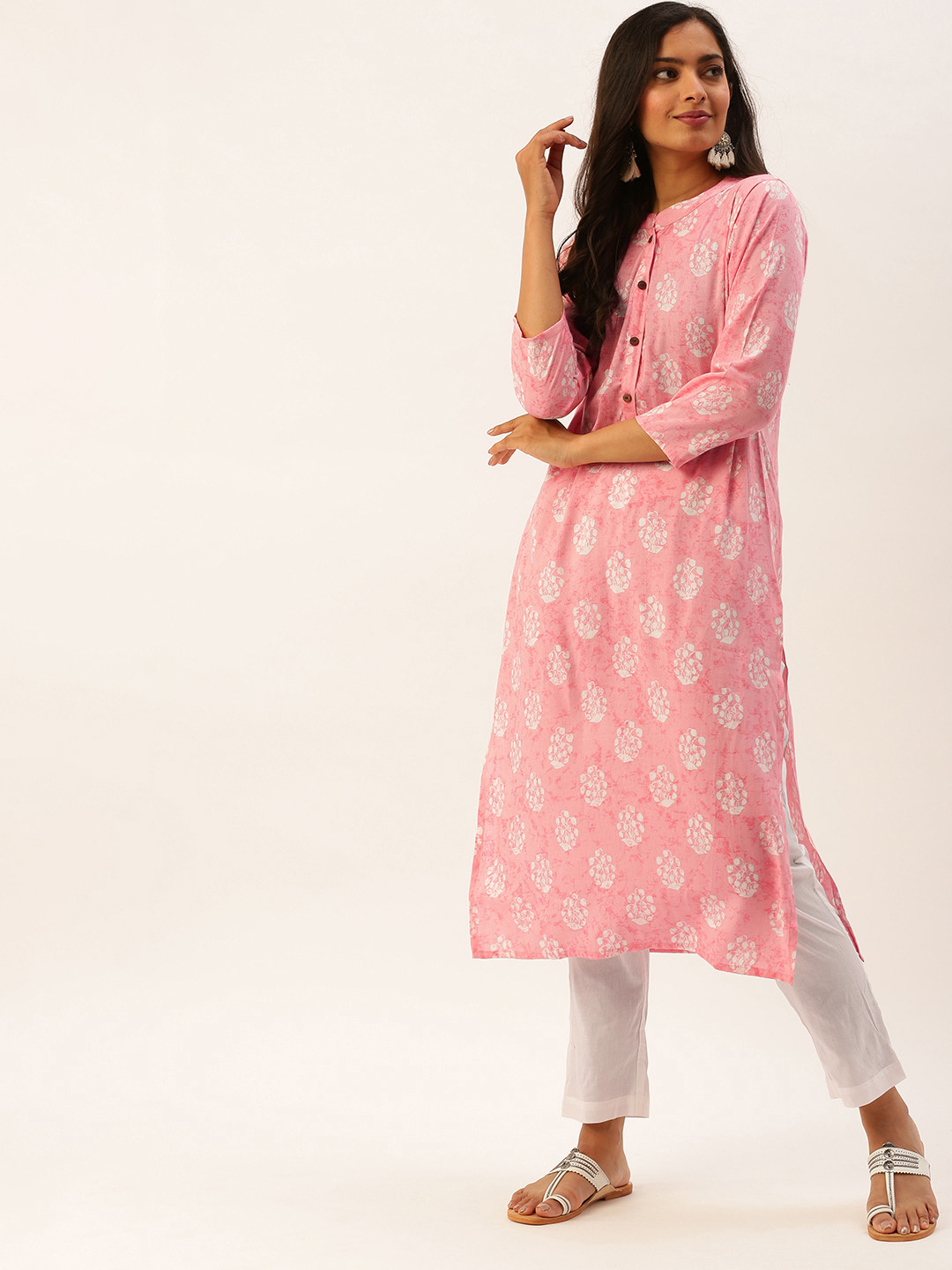 

CATCHY Women Pink & White Printed Kurta with Trousers