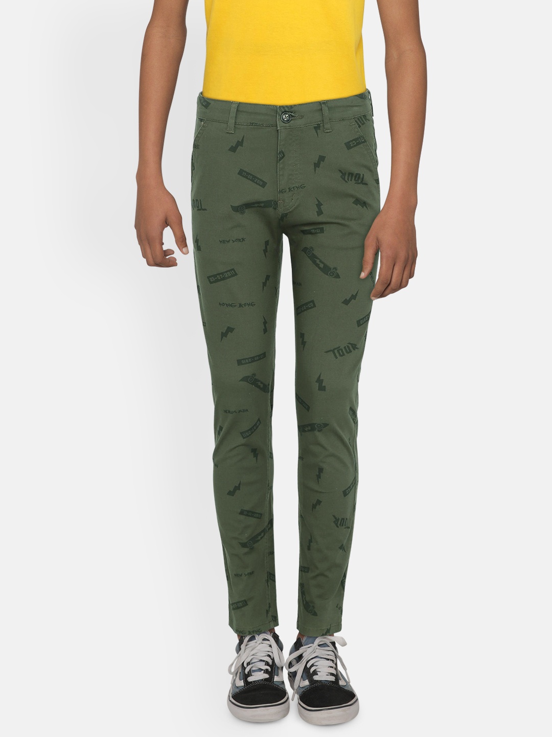 

Gini and Jony Boys Olive Green Slim Fit Printed Regular Trousers