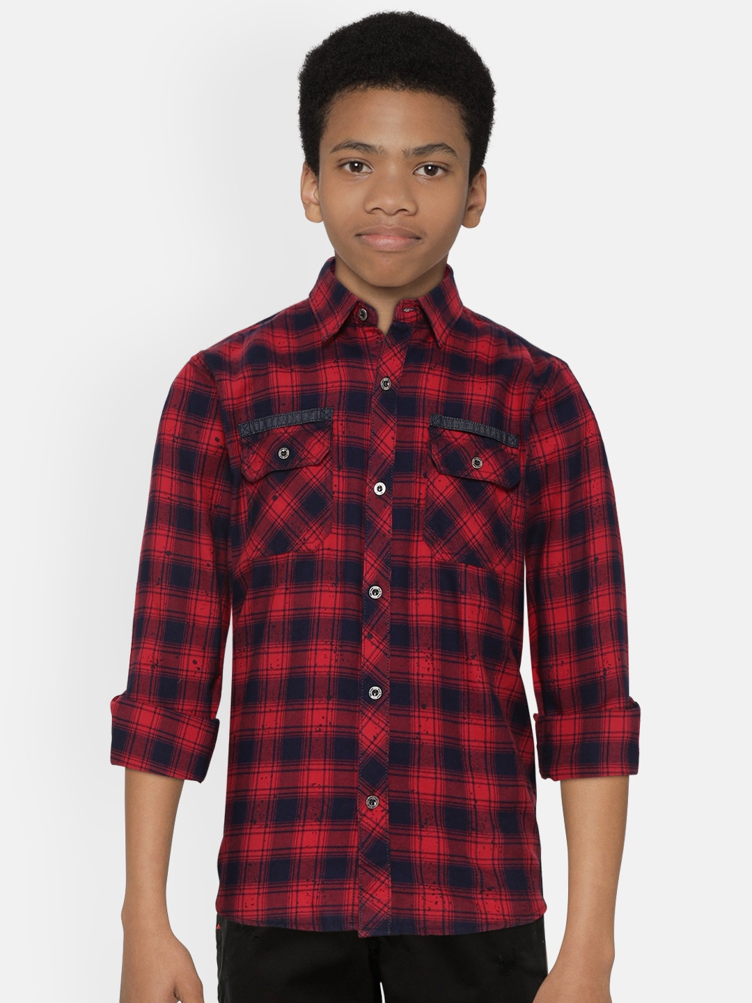 

Palm Tree Boys Red & Navy Blue Checked Casual Shirt with Back Applique Detail