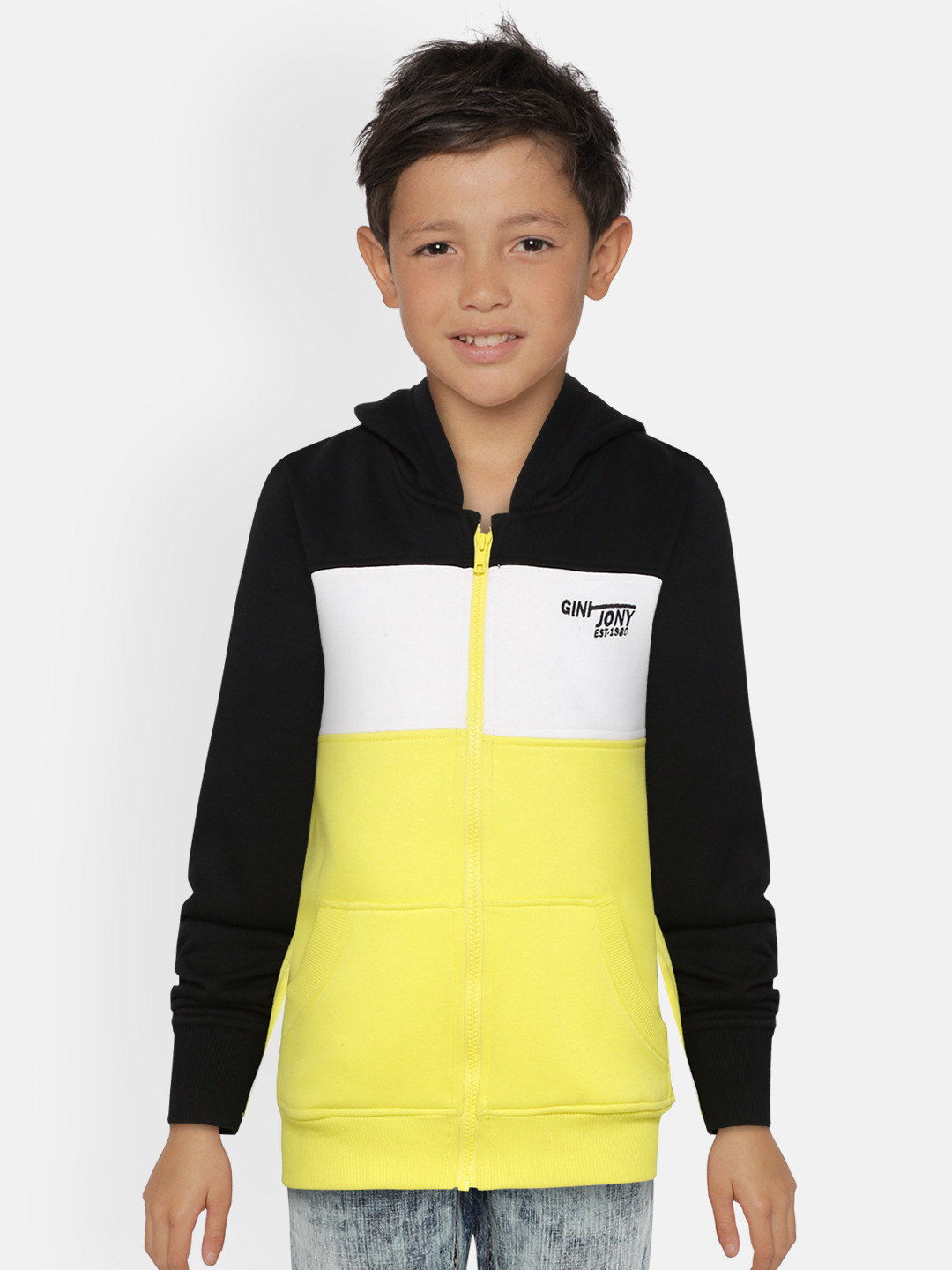 

Gini and Jony Boys Yellow & White Colourblocked Hooded Sweatshirt