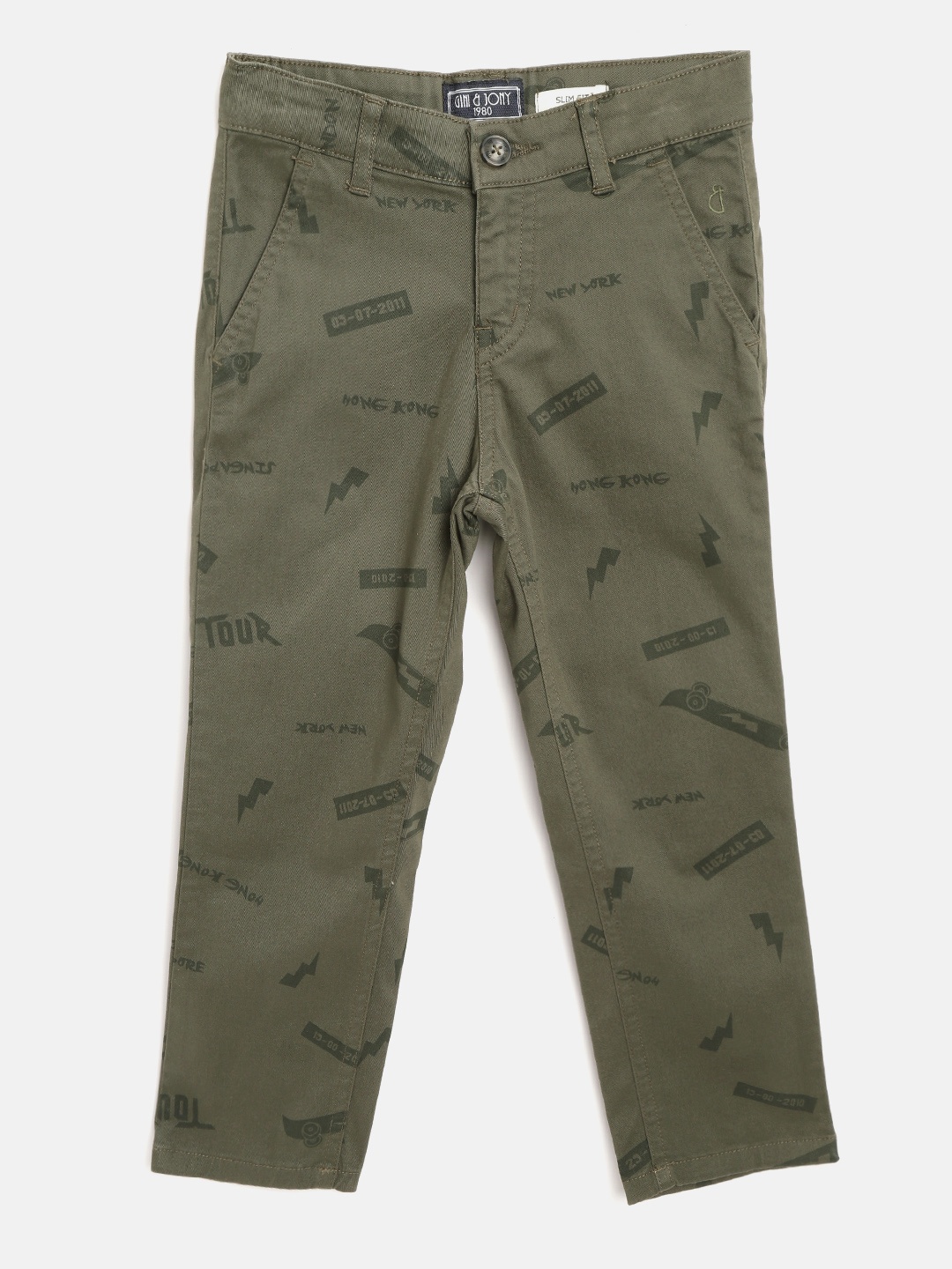 

Gini & Jony Boys Olive Green Conversational Print Slim-Fit Trousers