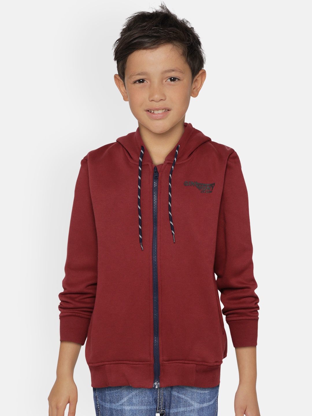 

Gini and Jony Boys Maroon & White Printed Back Hooded Sweatshirt