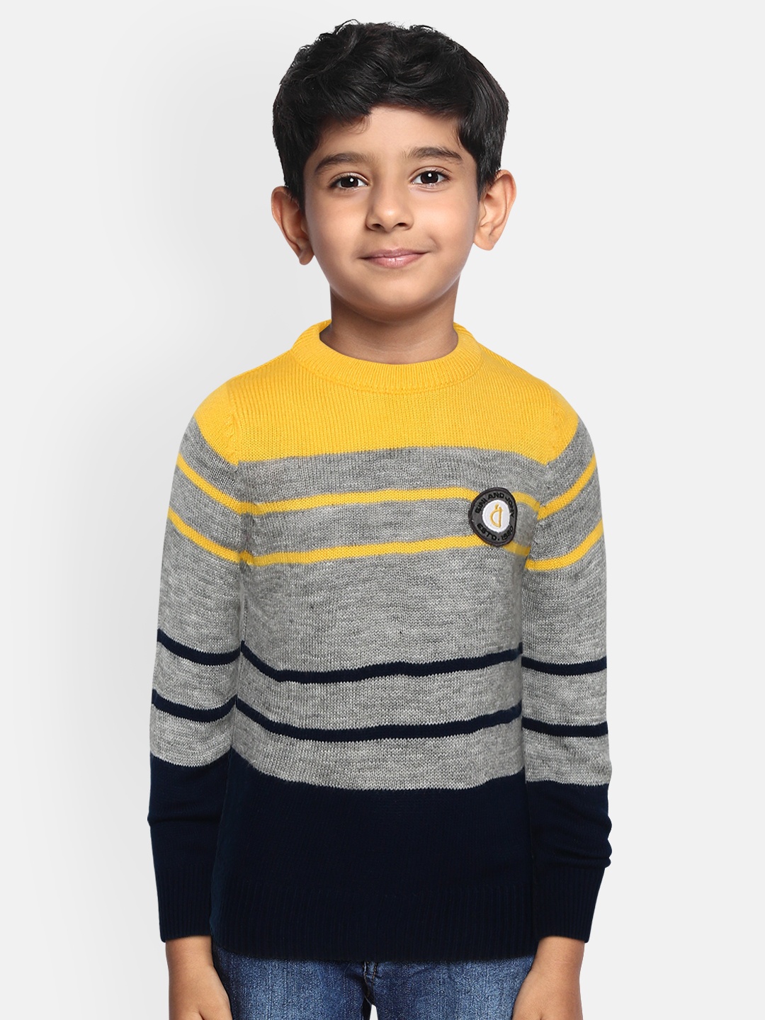 

Gini and Jony Boys Yellow & Grey Melange Striped Pullover