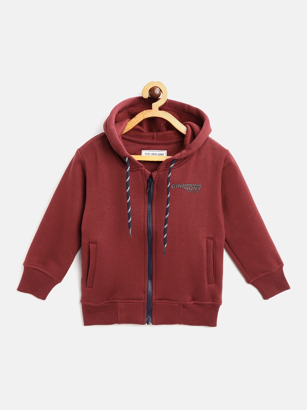 

Gini and Jony Boys Maroon & White Printed Back Hooded Sweatshirt