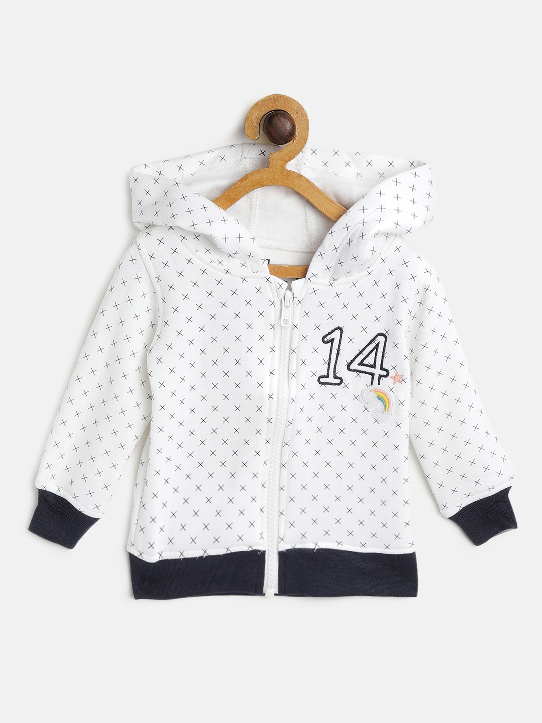 

Gini and Jony Girls White & Navy Blue Printed Hooded Sweatshirt with Applique Detail