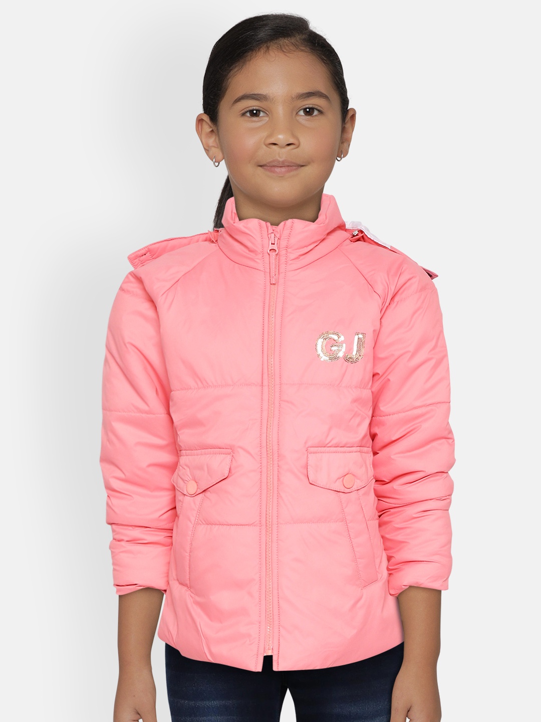 

Gini & Jony Girls Pink Solid Hooded Parka Jacket with Sequinned Detail