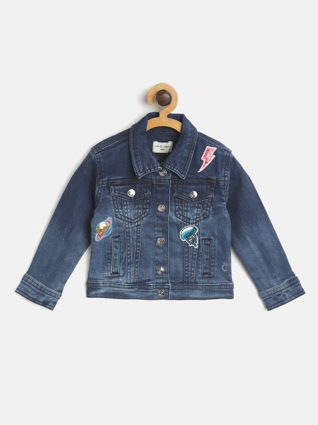 

Gini and Jony Girls Navy Blue Solid Washed Denim Jacket with Sequinned Applique Detail