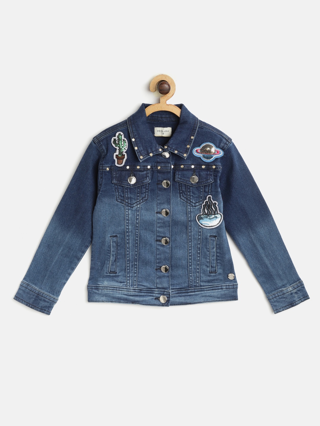 

Gini and Jony Girls Navy Blue Studded Detail Washed Denim Jacket with Sequinned Brooches