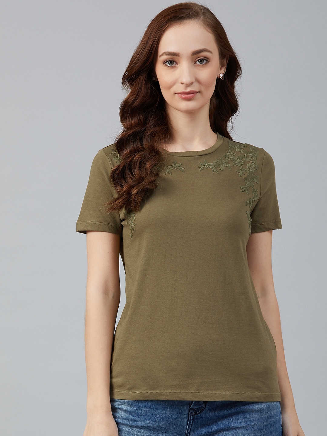 

Marks Spencer Women Olive Green Solid Round Neck Pure Cotton T-shirt