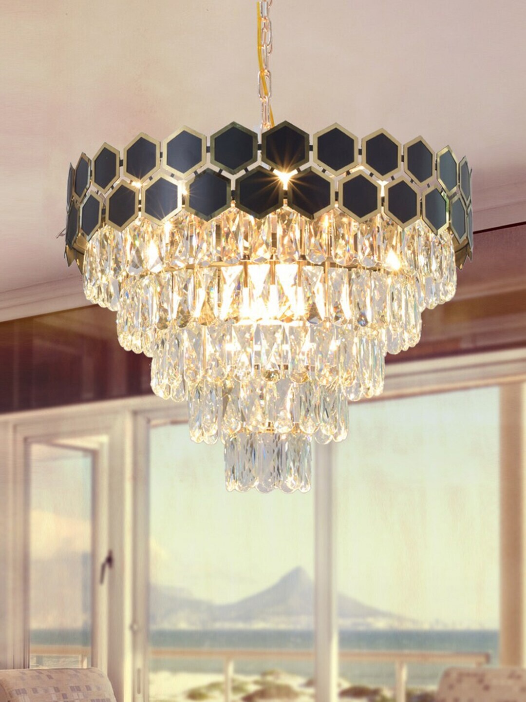 

THE LIGHT STORE Black & Gold-Toned Solid Hanging Ceiling Chandlier