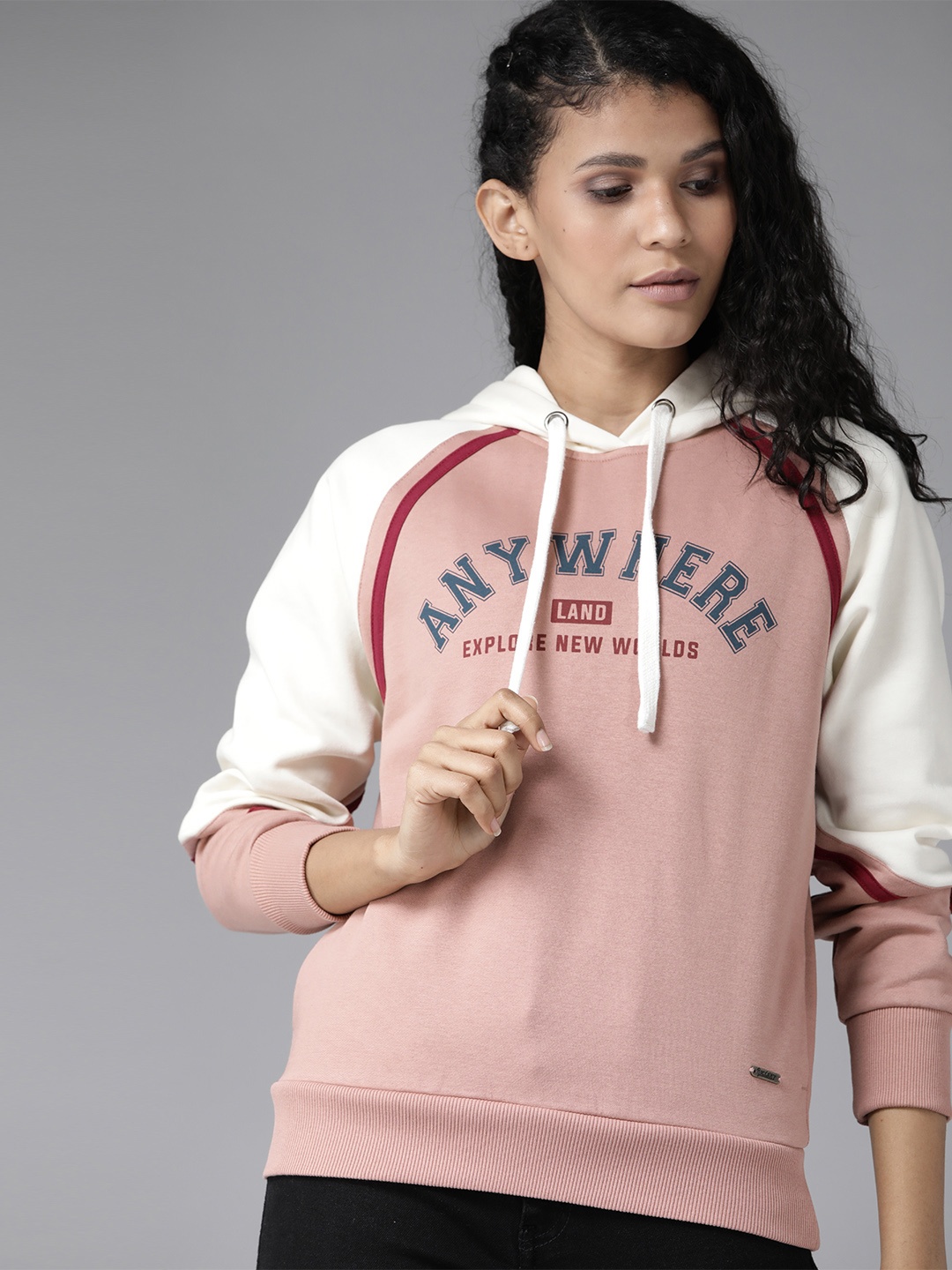 

Roadster Women Rose & Off-White Printed Hooded Sweatshirt