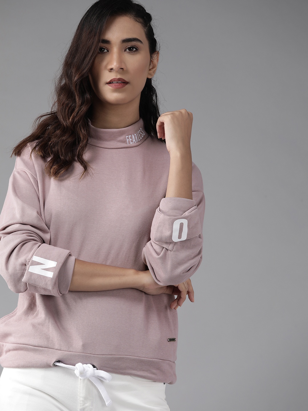 

Roadster Women Mauve Solid Sweatshirt with Velcro Detail & Waist Tie-Ups