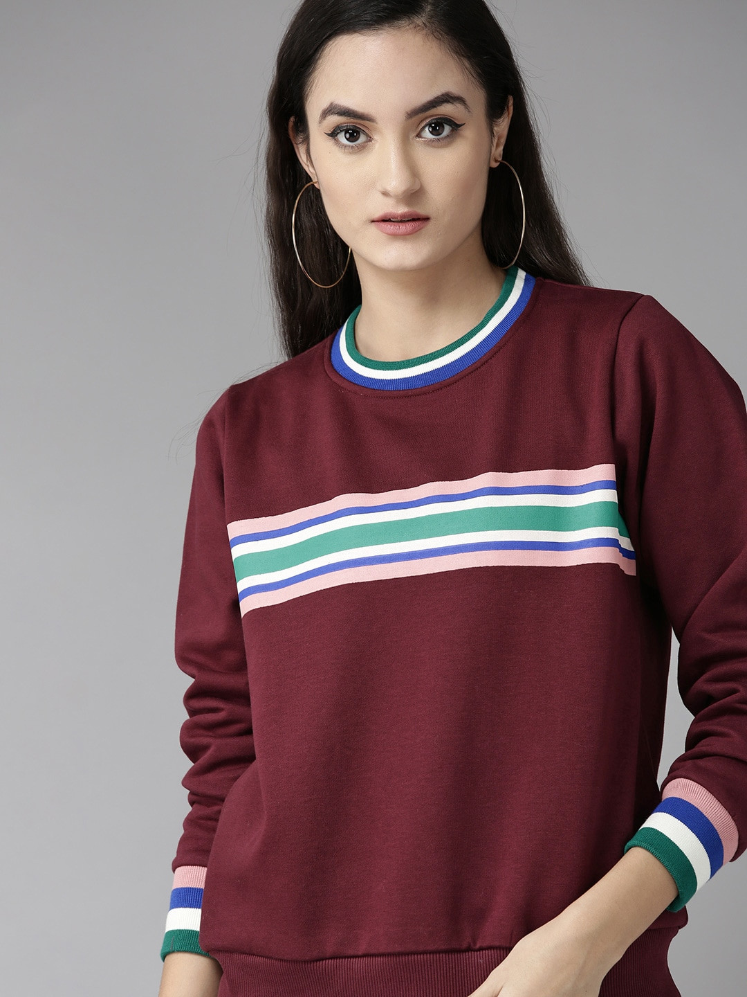 

Roadster Women Burgundy & Green Antiviral Protective Finish Striped Sweatshirt