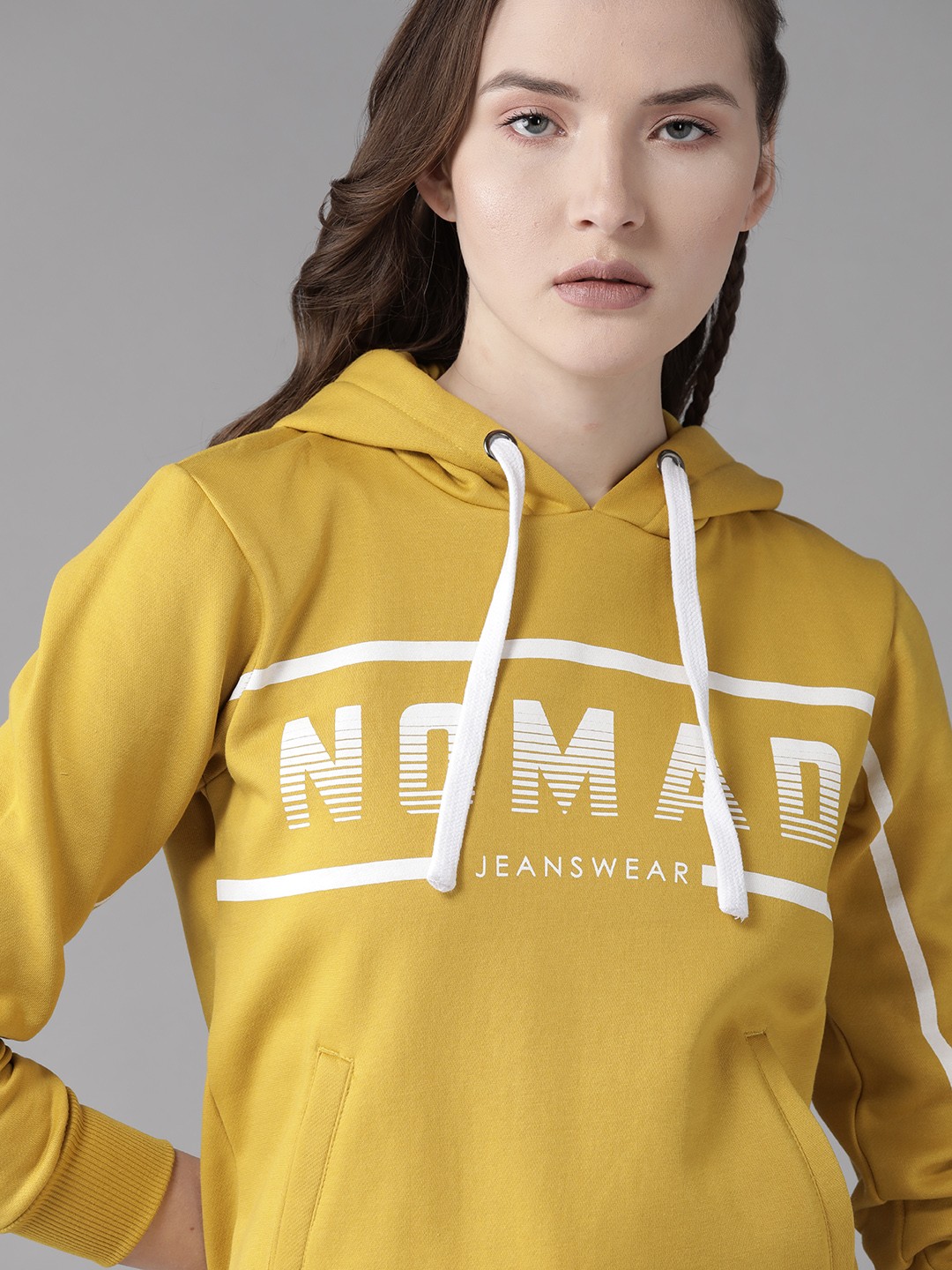 

Roadster Women Mustard Yellow & White Printed Hooded Sweatshirt