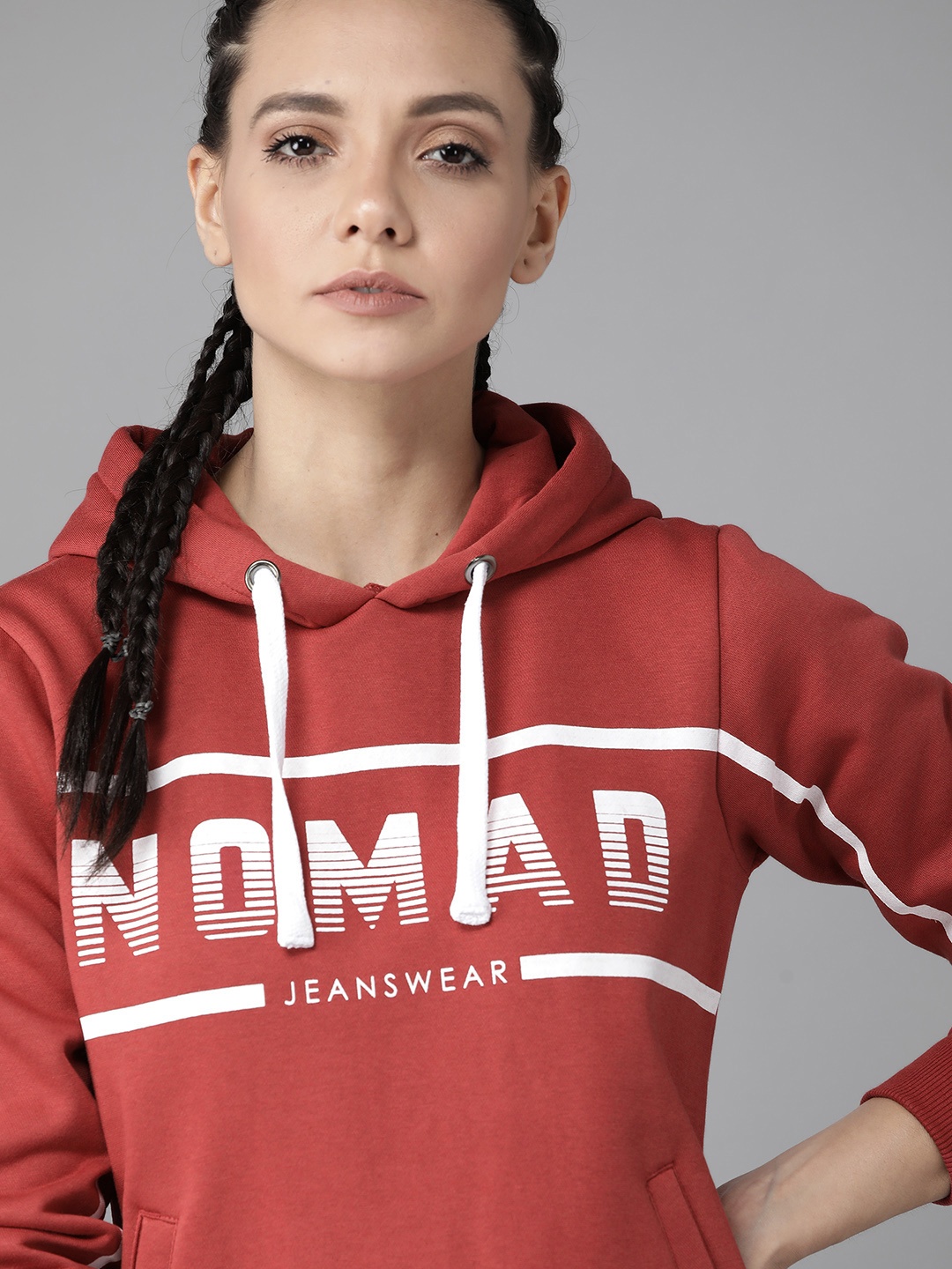 

Roadster Women Rust Red & White Printed Hooded Sweatshirt