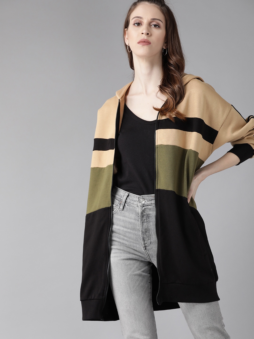 

Roadster Women Beige & Black Colourblocked Longline Hooded Sweatshirt