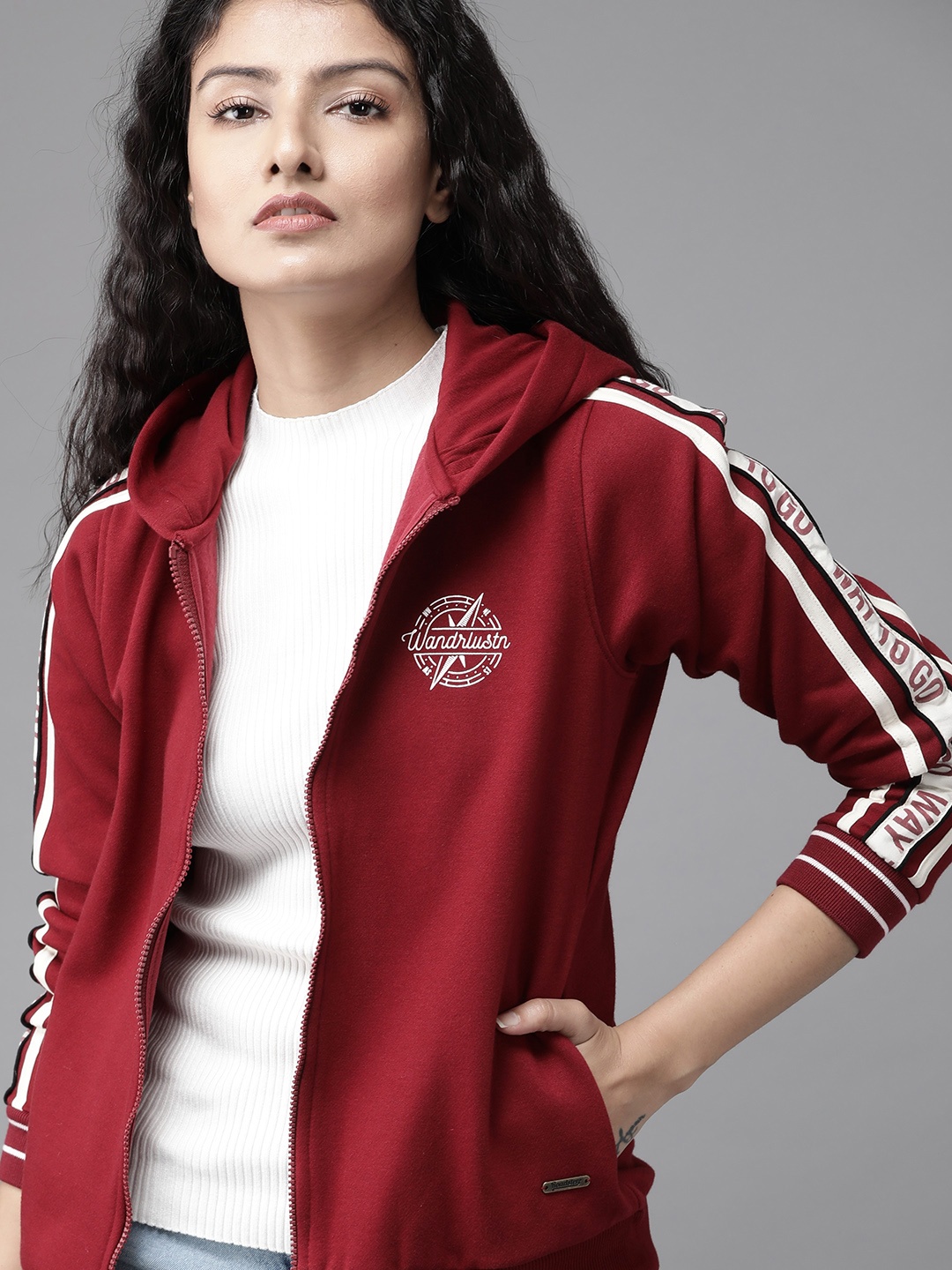 

Roadster Women Maroon Solid Hooded Sweatshirt