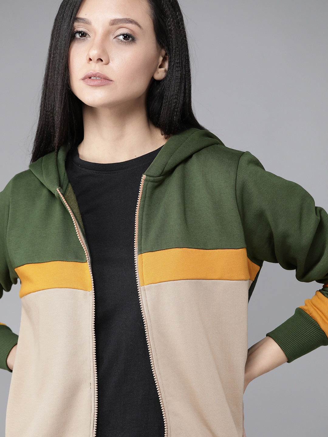 

Roadster Women Beige & Olive Green Antiviral Protective Finish Sweatshirt
