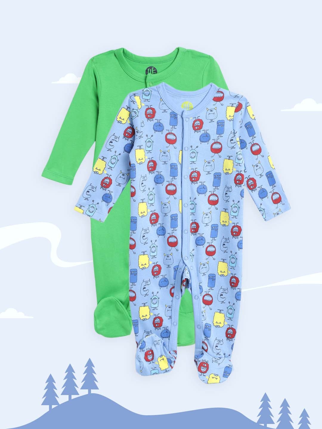 

YK Infant Boys Green & Blue Pack of 2 Pure Cotton Sleepsuits