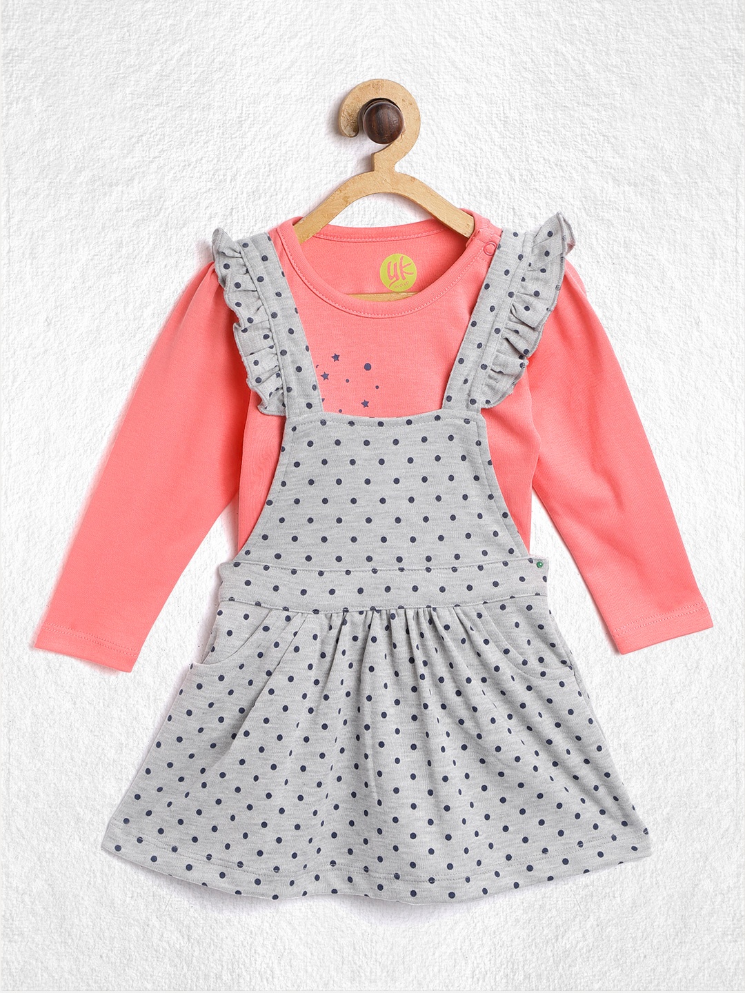 

YK Girls Coral & Grey Melange Printed A-Line Pinafore Dress With T-Shirt