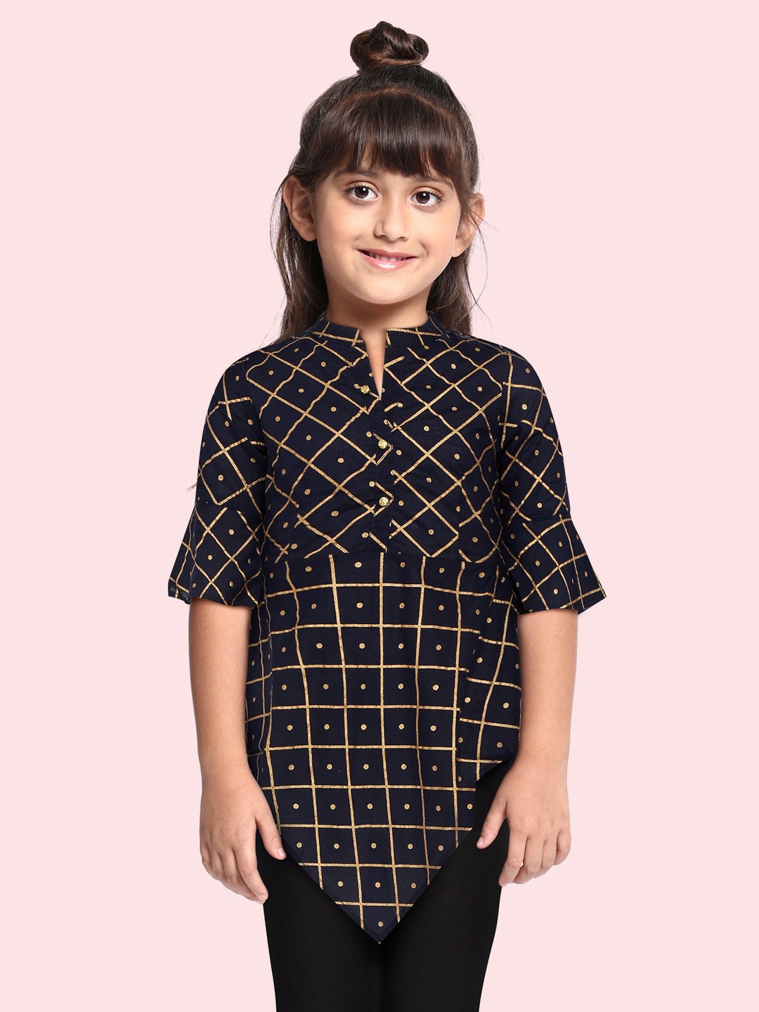 

YK Girls Navy Blue & Golden Checked Asymmetric A-Line Dress