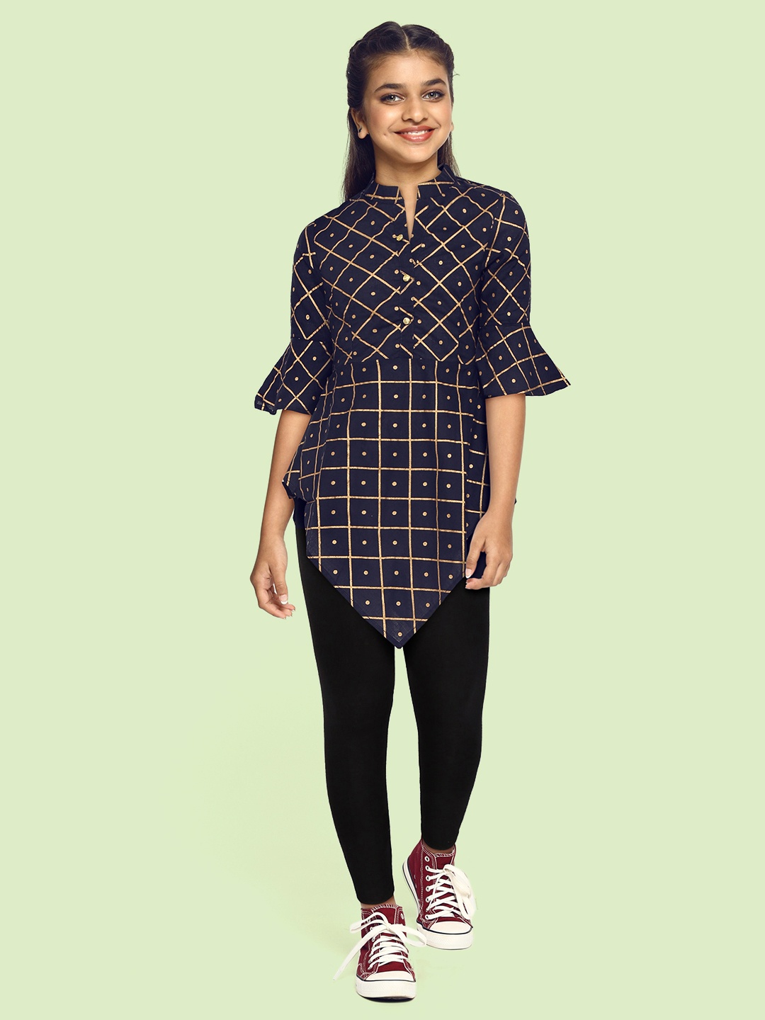 

YK Girls Navy Blue & Golden Cotton Geometric Print Mandarin Collar Tunic