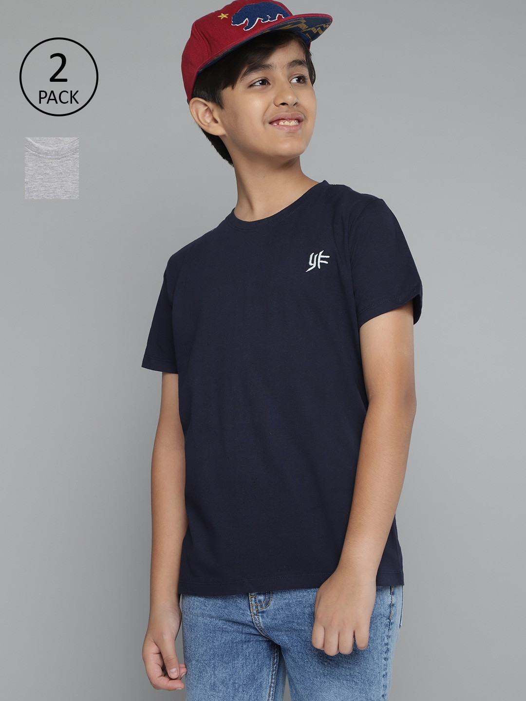 

YK Boys Pack of 2 Solid Round Neck T-shirts, Grey melange