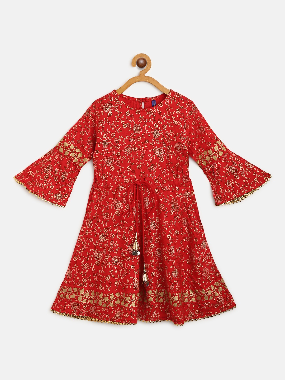 

YK Girls Red & Golden Floral Print A-Line Dress
