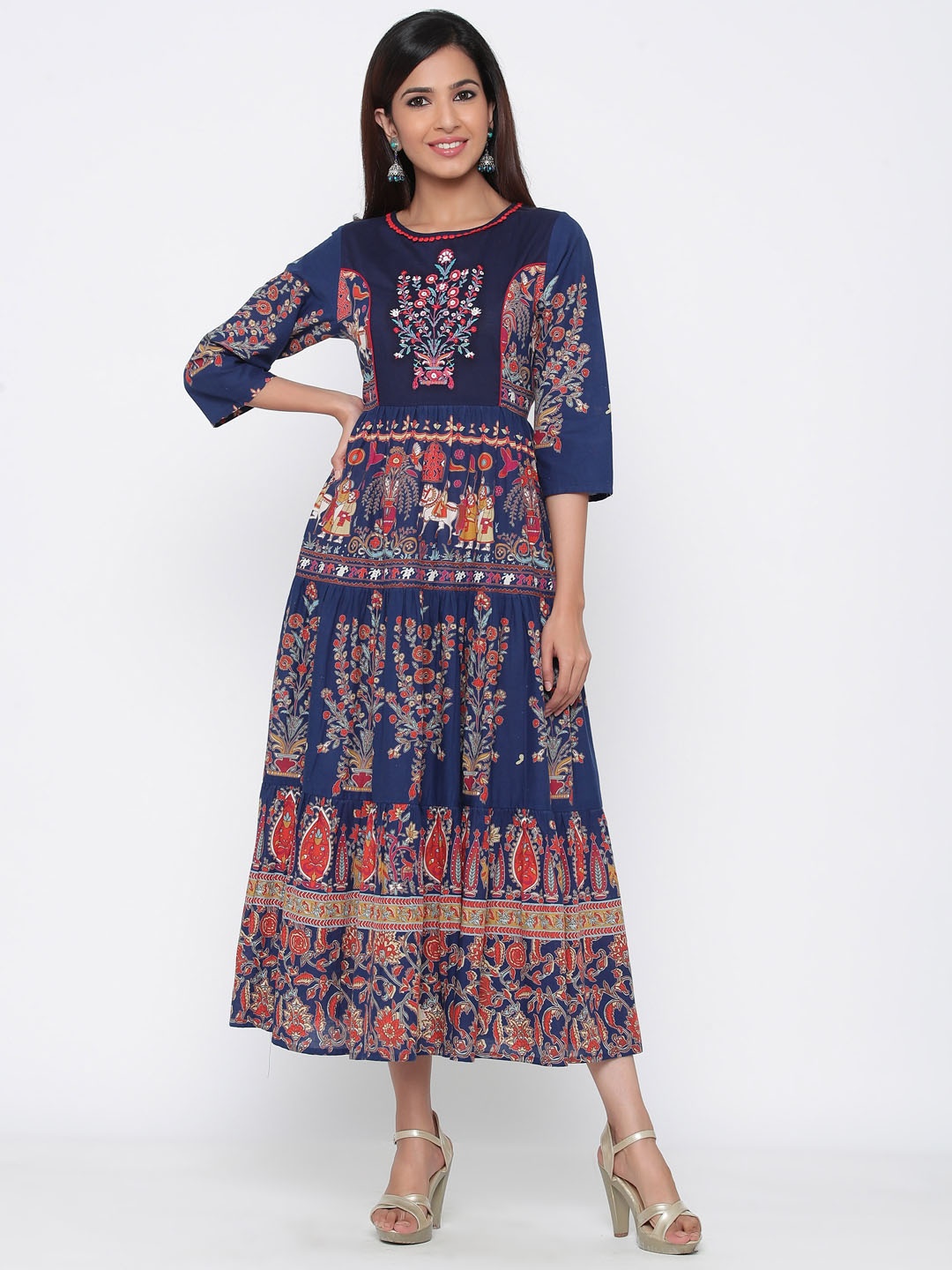 

Juniper Women Navy Blue Printed Cotton Fit and Flare Dress with Mask