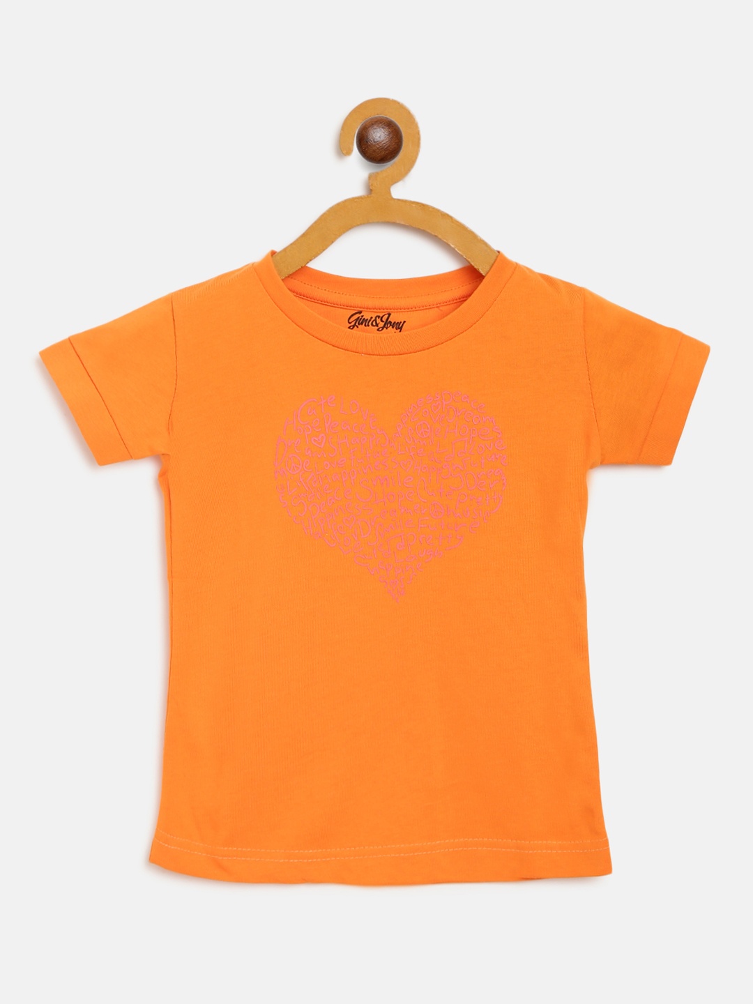 

Gini and Jony Girls Orange Heart Printed Round Neck Cotton Pure Cotton T-shirt