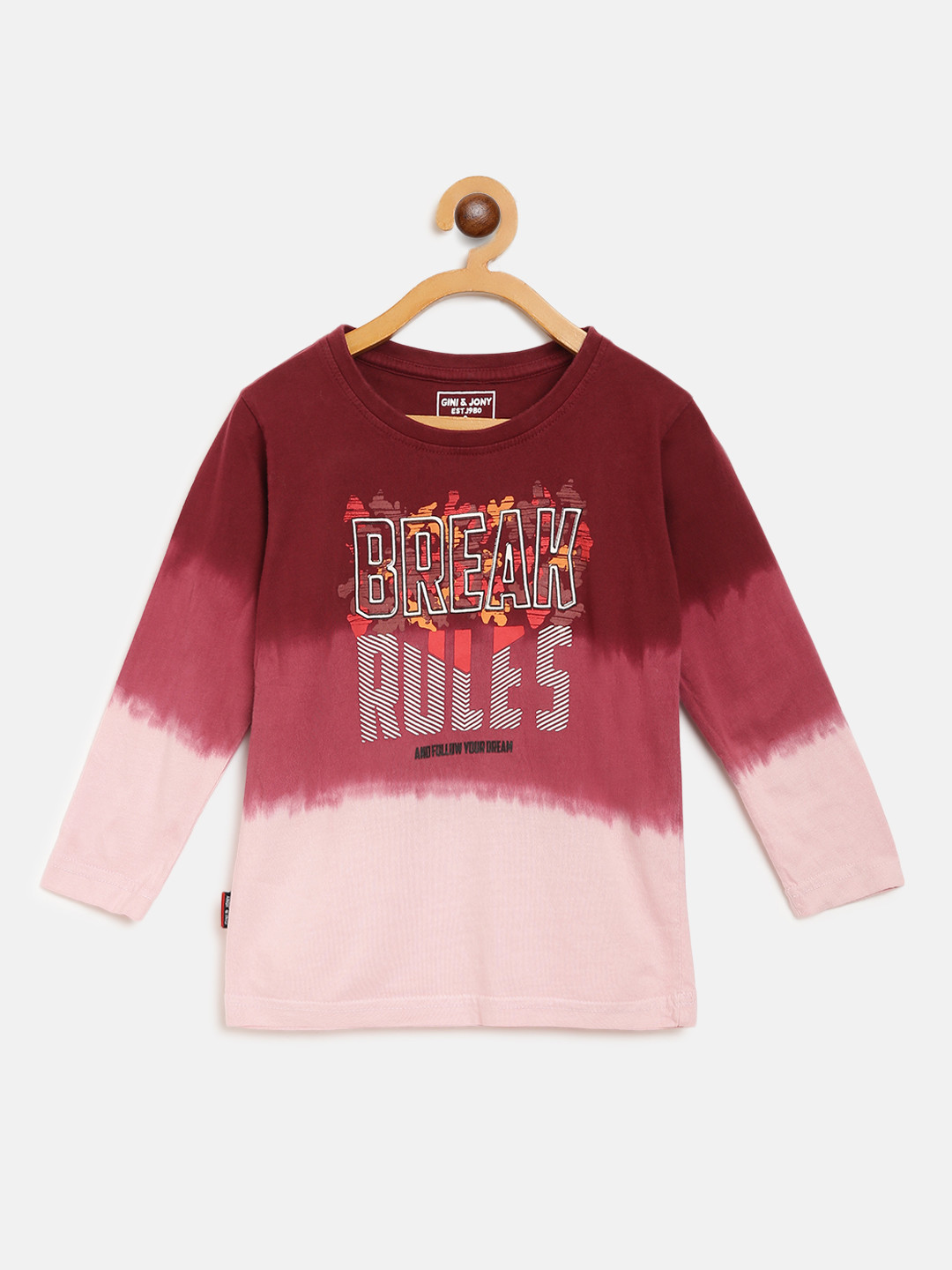 

Gini and Jony Boys Burgundy & Maroon Tie & Dye & Printed Round Neck T-shirt