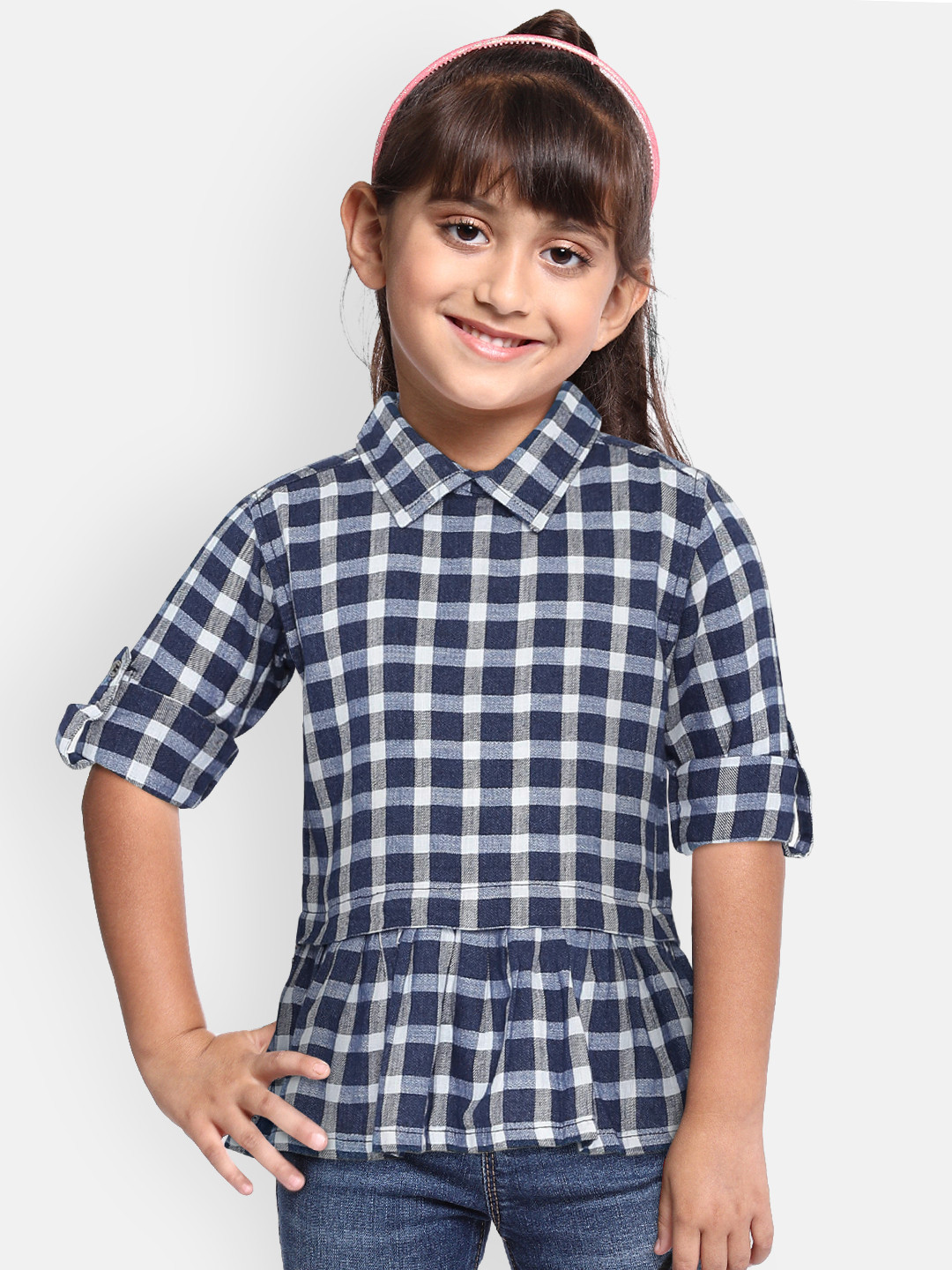 

Gini and Jony Girls Blue Checked Shirt Style Pure Cotton Top