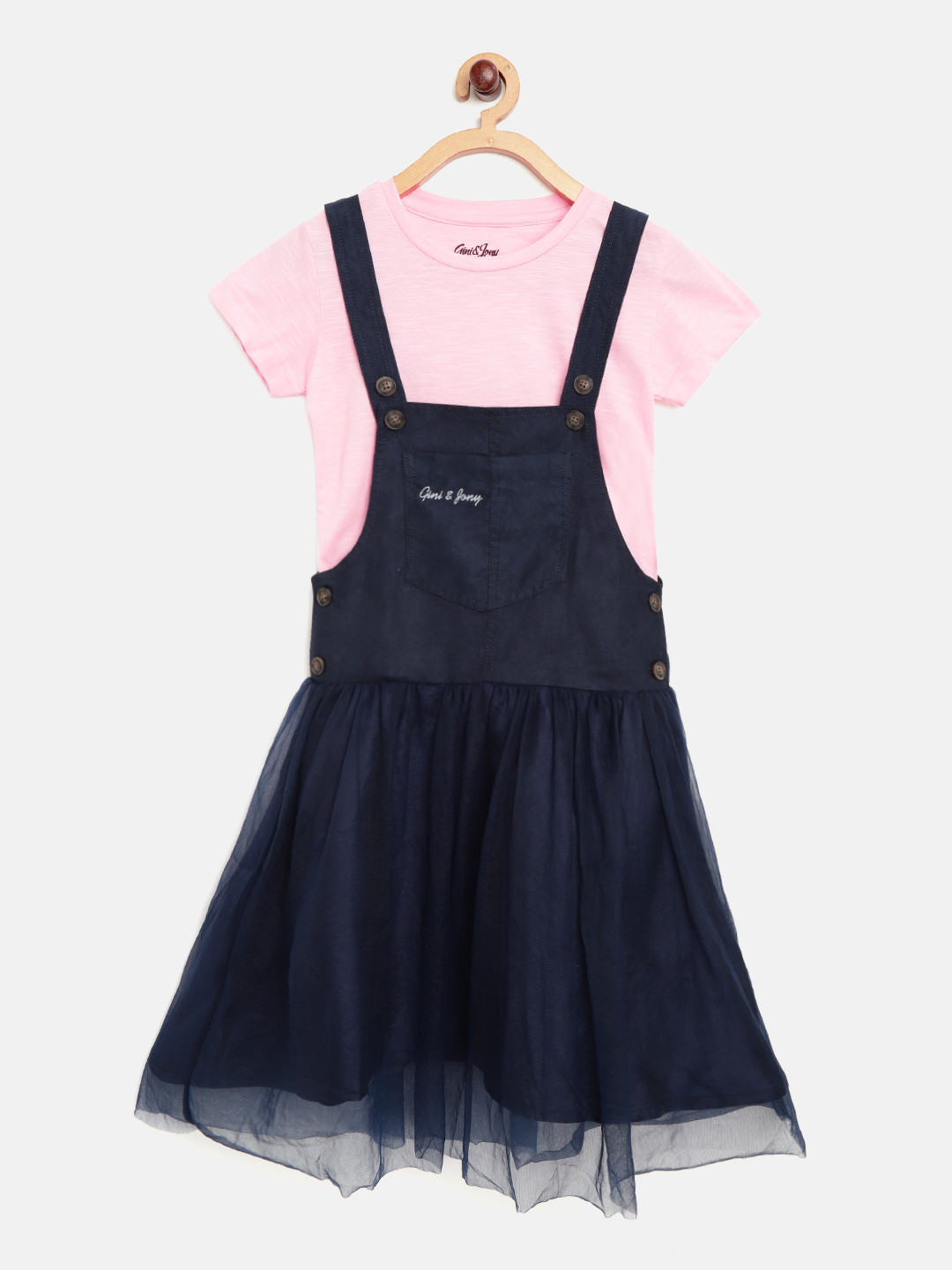 

Gini and Jony Girls Navy Blue Solid Net Pinafore Dress with T-shirt