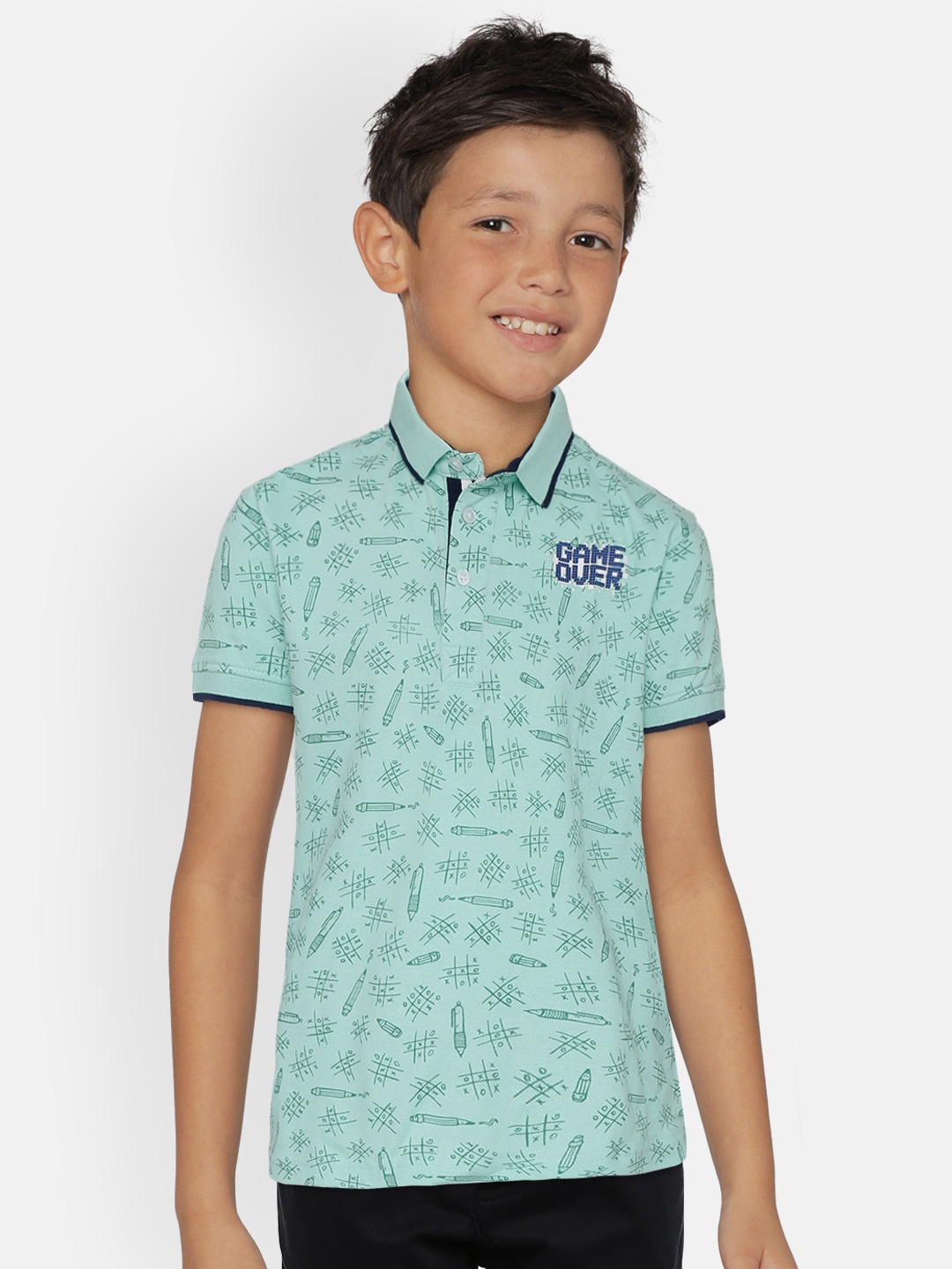 

Palm Tree Boys Blue Green Tic Tac Toe Print Polo Collar Pure Cotton T-shirt