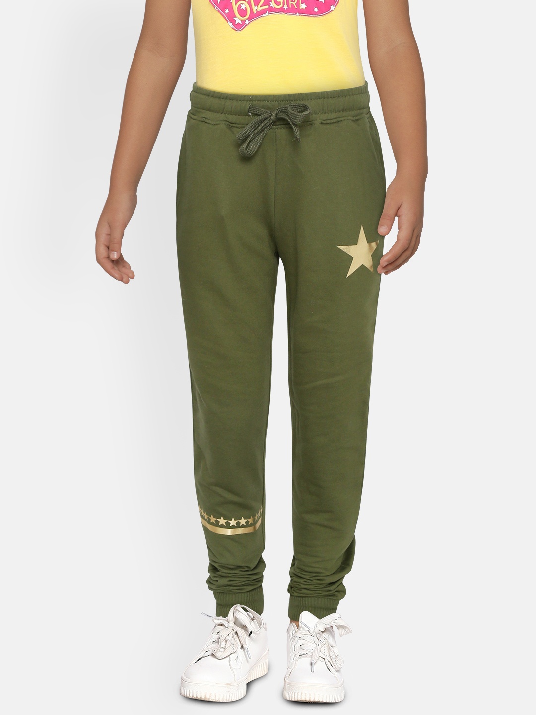 

Gini and Jony Girls Olive Green Solid Joggers with Star Print Detail