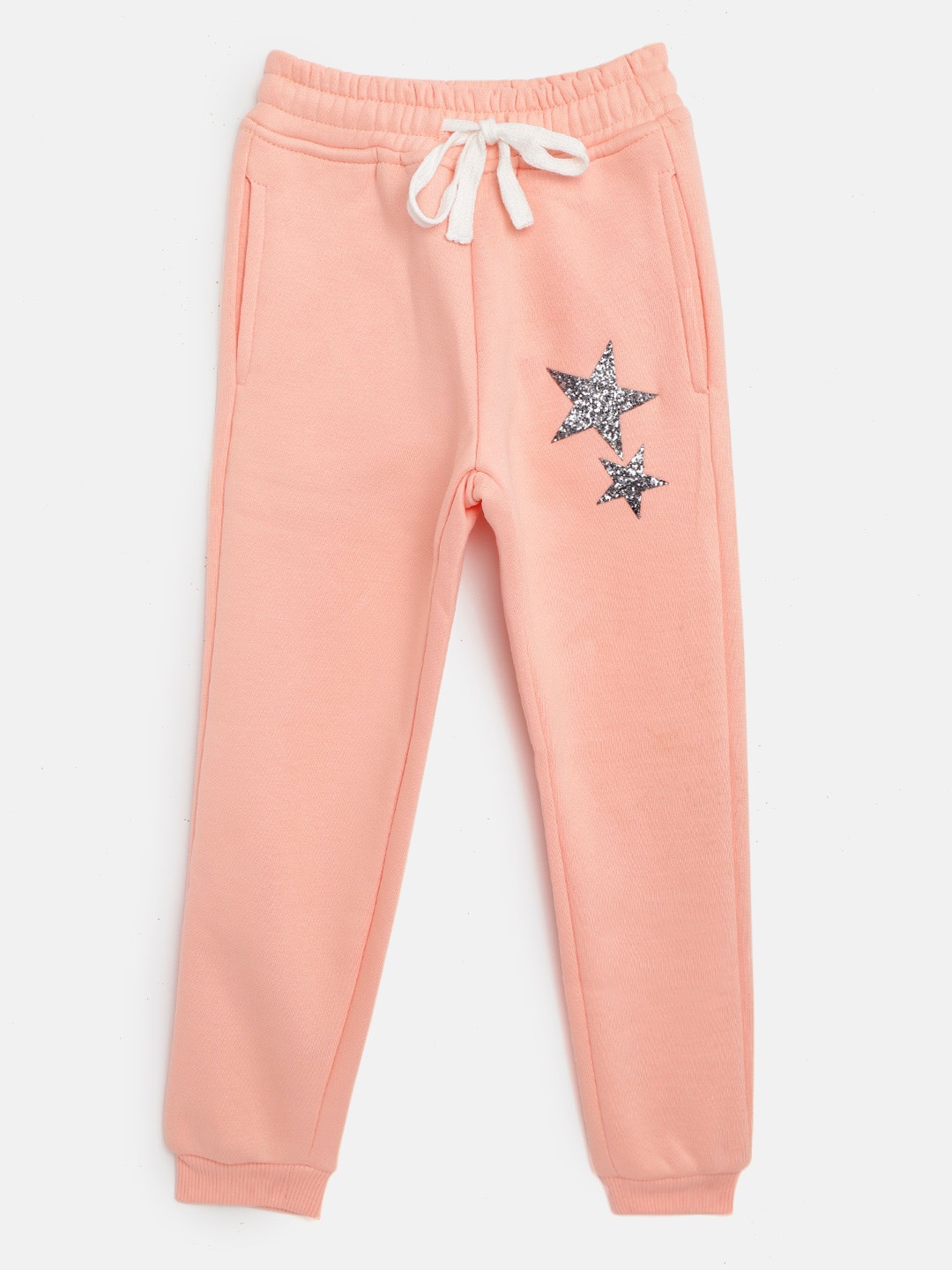 

Gini and Jony Girls Peach-Coloured Solid Joggers with Star Applique Detail