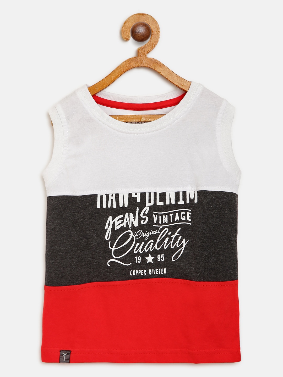 

Palm Tree Boys White Red Colourblocked Round Neck Pure Cotton T-shirt