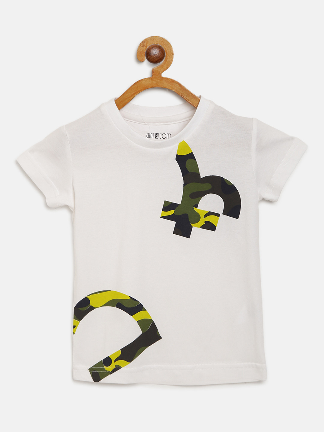 

Gini and Jony Boys White & Olive Green Camouflage Print Round Neck T-shirt