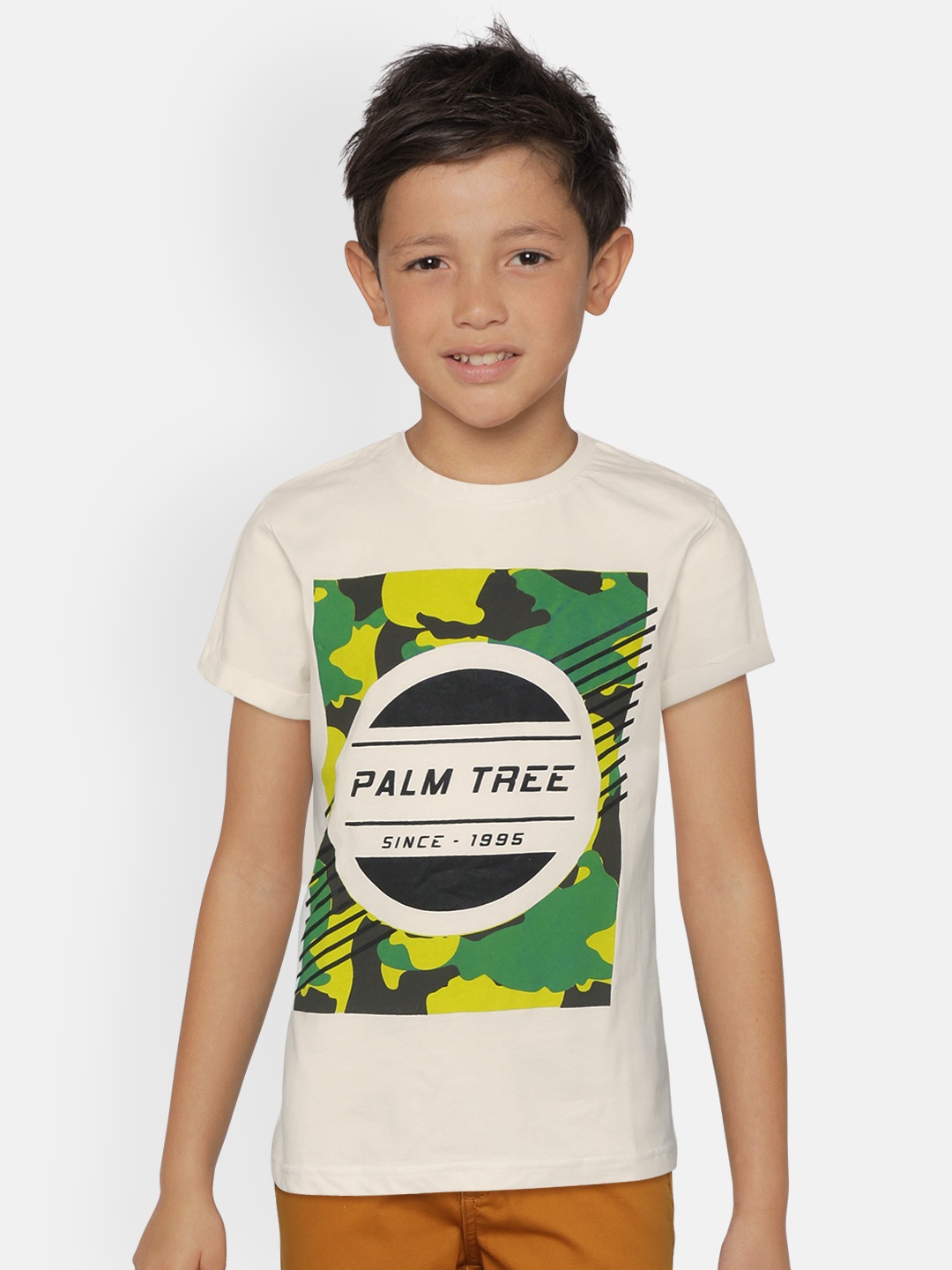 

Palm Tree Boys White Green Camouflage Print Round Neck Pure Cotton T-shirt