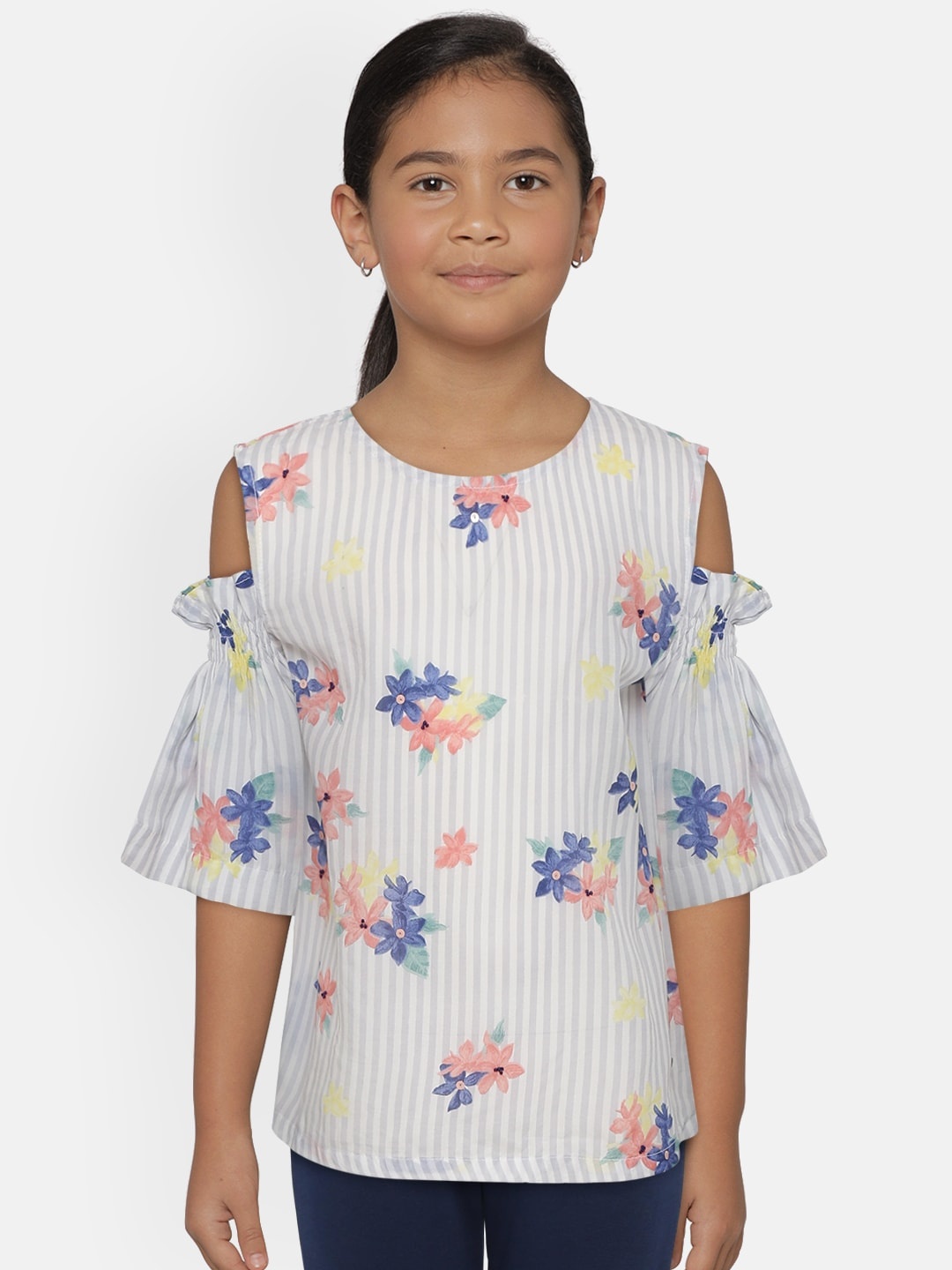 

Palm Tree Girls White & Pink Floral Print Pure Cotton Top
