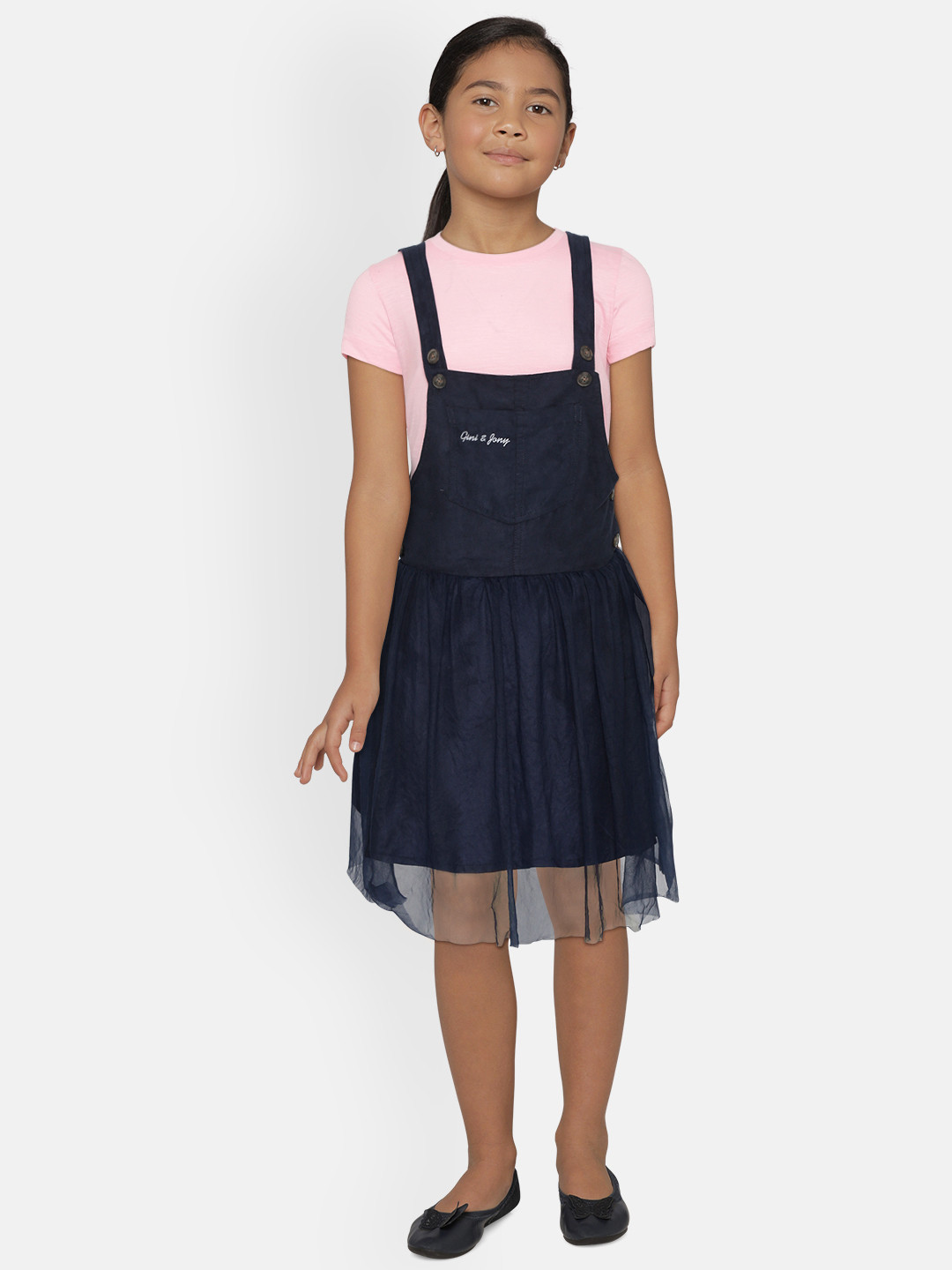 

Gini and Jony Girls Navy Blue Solid Net Pinafore Dress with T-shirt