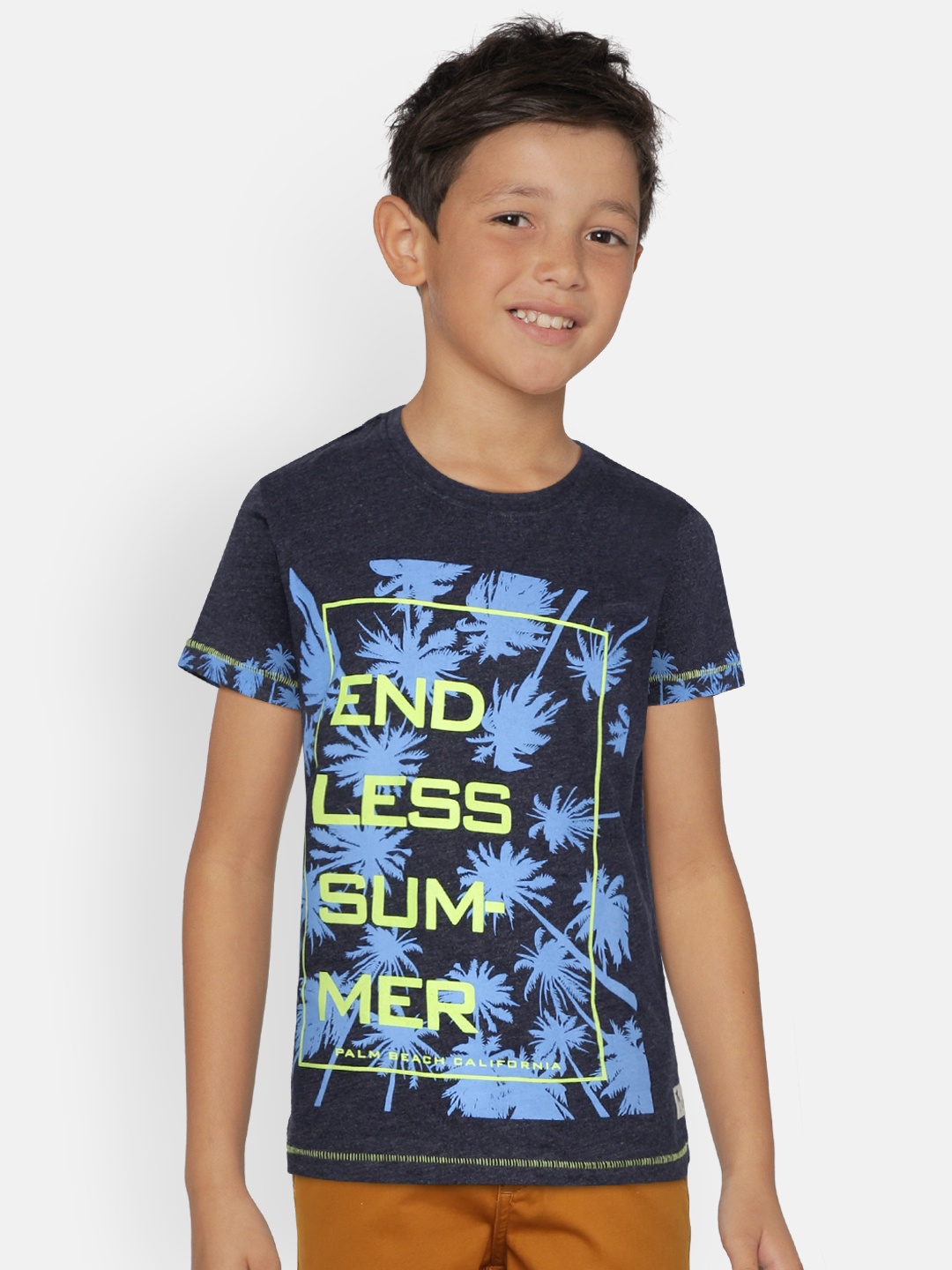 

Palm Tree Boys Blue & Fluorescent Green Tropical Print Round Neck T-shirt
