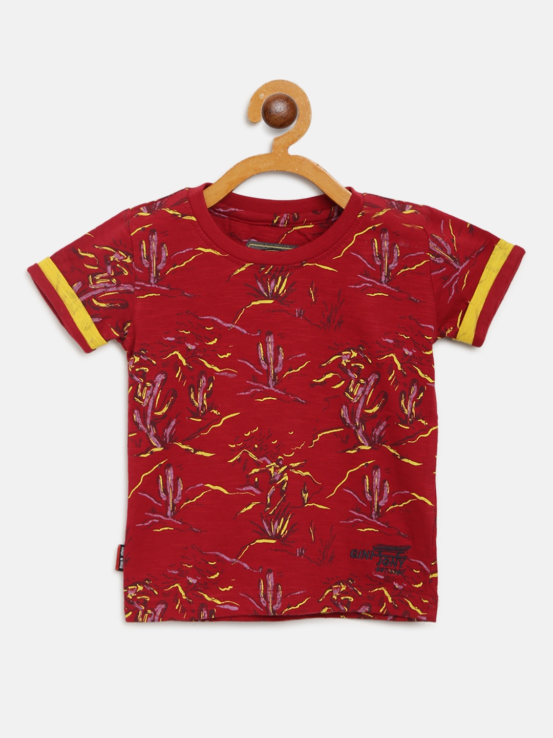 

Gini and Jony Boys Maroon & Yellow Cactus Print Round Neck T-shirt