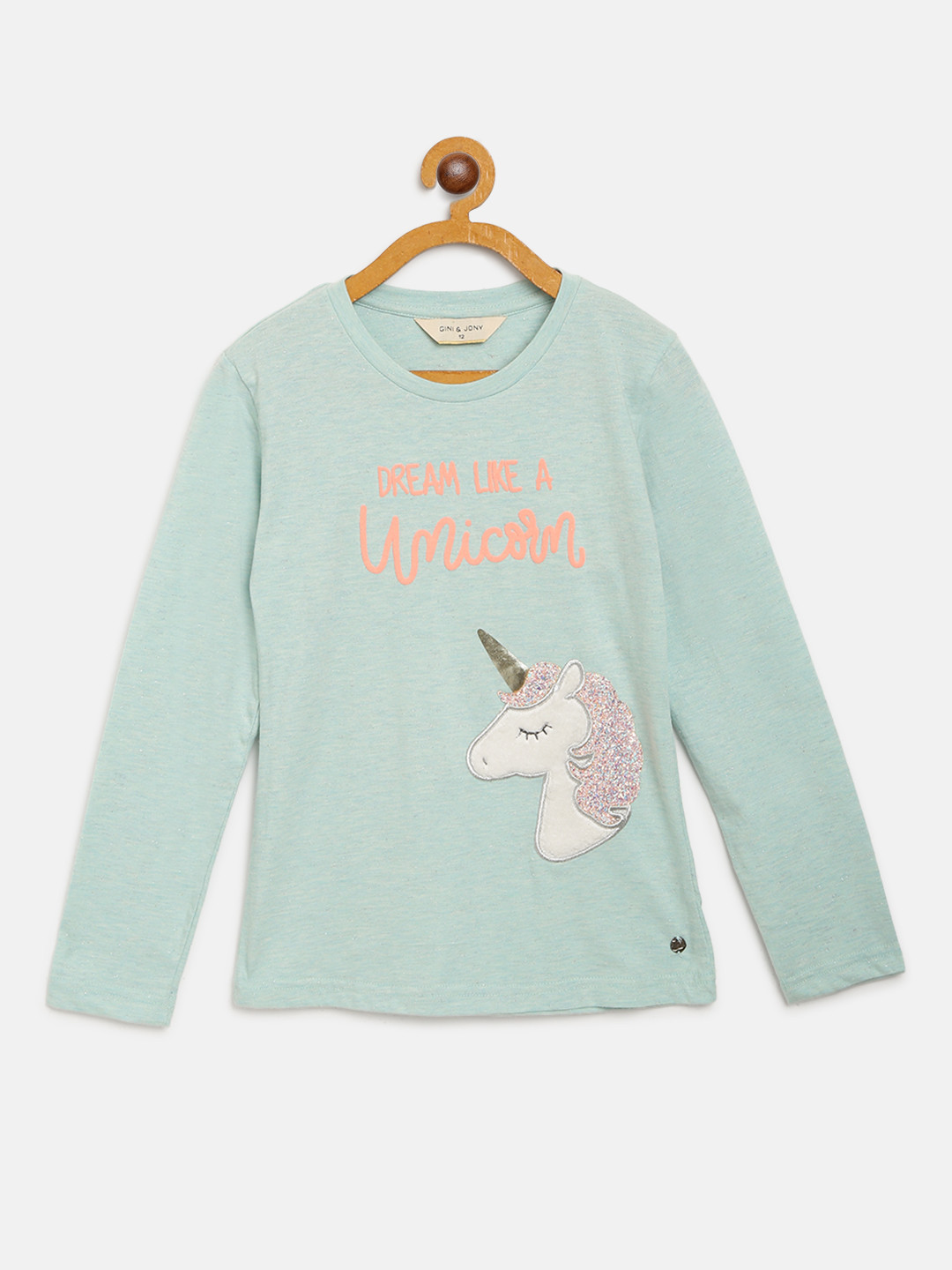 

Gini and Jony Girls Sea Green & White Unicorn Applique Shimmer Round Neck T-shirt