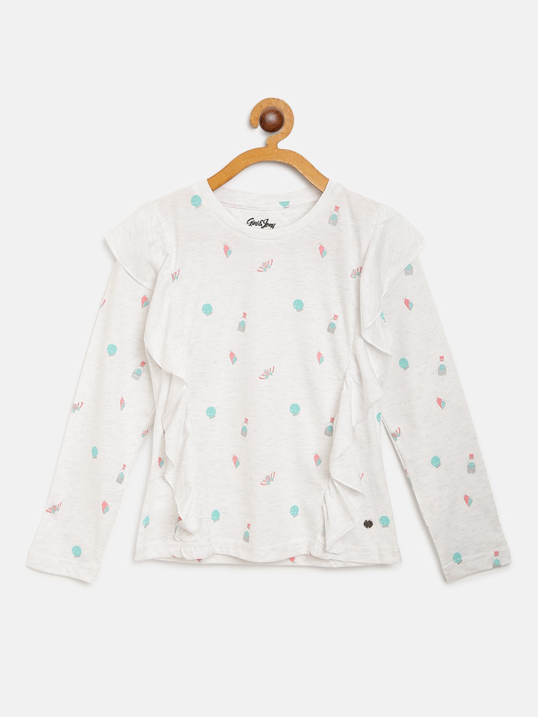 

Gini and Jony Girls White & Sea Green Conversational Print Ruffled Top