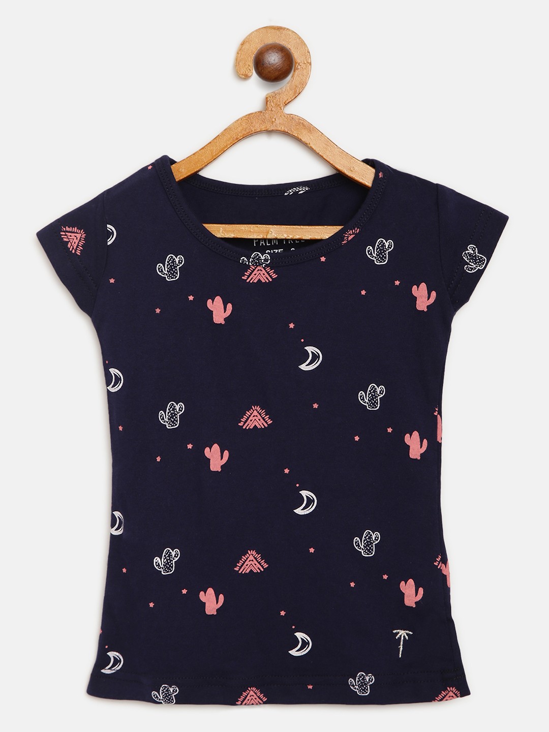 

Palm Tree Girls Navy Blue White Cactus Print Round Neck Pure Cotton T-shirt