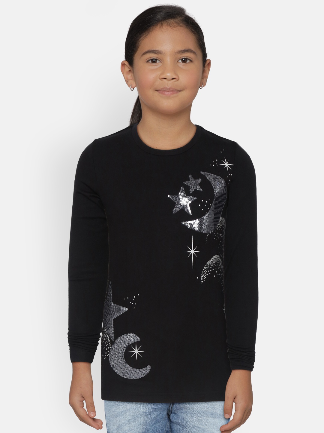 

Gini and Jony Girls Black & Silver Star & Moon Sequinned Round Neck T-shirt