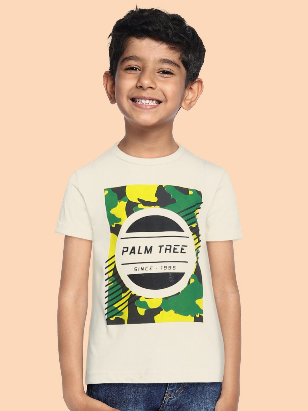 

Palm Tree Boys White Green Camouflage Print Round Neck Pure Cotton T-shirt